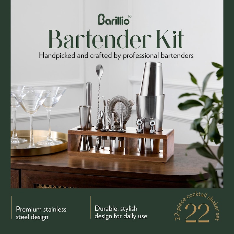 May include: A 22-piece stainless steel bartender kit with a wooden stand. The kit includes a shaker, jiggers, a strainer, and a bar spoon. The text on the image says "Bartender Kit" and "Handpicked and crafted by professional bartenders."