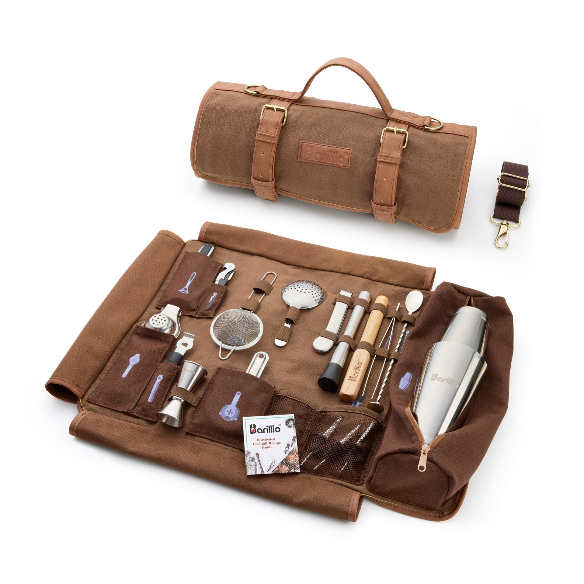 Portable Bartender Kit: 17-piece Travel Bar Set, Waxed Canvas Roll