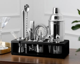 23-Piece Cocktail Shaker Set: Stainless Steel Bartender Kit with Black Bamboo Stand