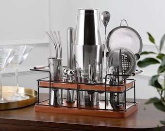 Bartender Kit – 18-Piece Stainless-Steel Cocktail Shaker Set with African Mahogany Stand | Barware Mixing Kit for Home Bartending | Gift Set