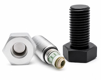 May include: A set of three metal objects resembling bolts and a nut. One is black, the other two are silver. One silver bolt is partially unscrewed, revealing rolled-up paper inside. The objects are on a white background.