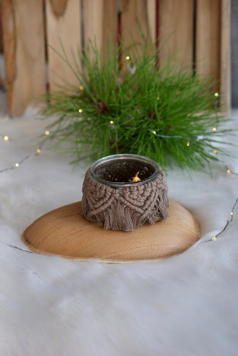 Photophore macramé,photophore de table de fêtes,bougeoir verre, déco bohème, minimaliste,bohème chic, déco romantique, bougeoir table, Chocolat