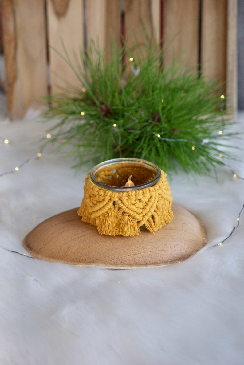 Macrame candle holder, holiday table candle holder, glass candle holder, boho decor, minimalist, boho chic, romantic decor, table candle holder, Moutarde