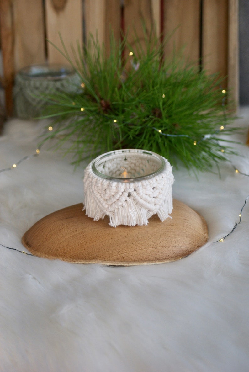 Photophore macramé,photophore de table de fêtes,bougeoir verre, déco bohème, minimaliste,bohème chic, déco romantique, bougeoir table, Beige