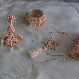 Trio ornement en macramé, déco trois accessoires, étoile bois et fée à suspendre et photophore, ornement, idée cadeau image 6