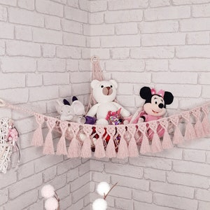 Hamac à doudous, hamac à peluche,déco chambre bébé,macramé bohème,rangement jouets,rangement chambre enfant, gain de place, hamac angle, rose poudré