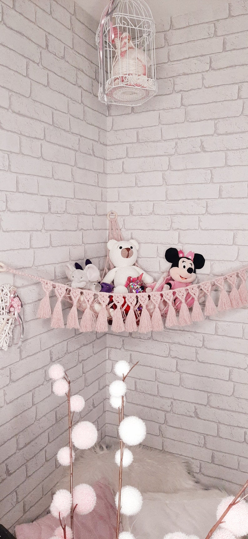 Hamac à doudous, hamac à peluche,déco chambre bébé,macramé bohème,rangement jouets,rangement chambre enfant, gain de place, hamac angle, rose poudré