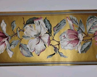 York Wallpaper Border 6.75" Gold - Green - Pink/White Flowers - Branches 5 yds