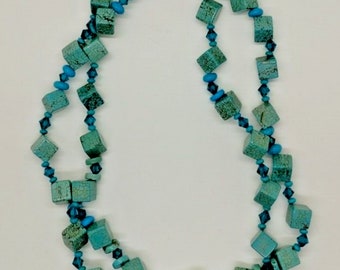 37‘’ Blue Turquoise Crystal Square Beads Gemstone Stone Necklace