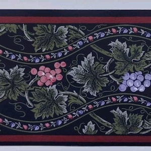 May include: A wallpaper border featuring a repeating pattern of grapevines with green leaves, curling tendrils, and clusters of purple and pink grapes set against a dark navy blue background, framed by solid dark red horizontal stripes.