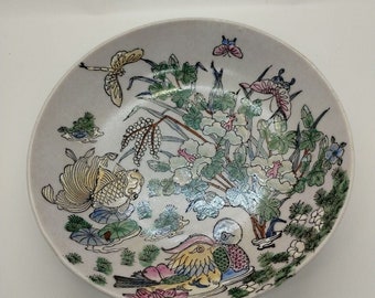 Vintage Floral Hand Painted Porcelain 7" Bowl - Dragonfly - Goldfish - Macau