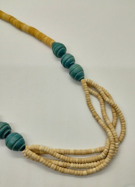 Vintage Tan and Turquoise Wood Look - Beaded Neck… - image 3