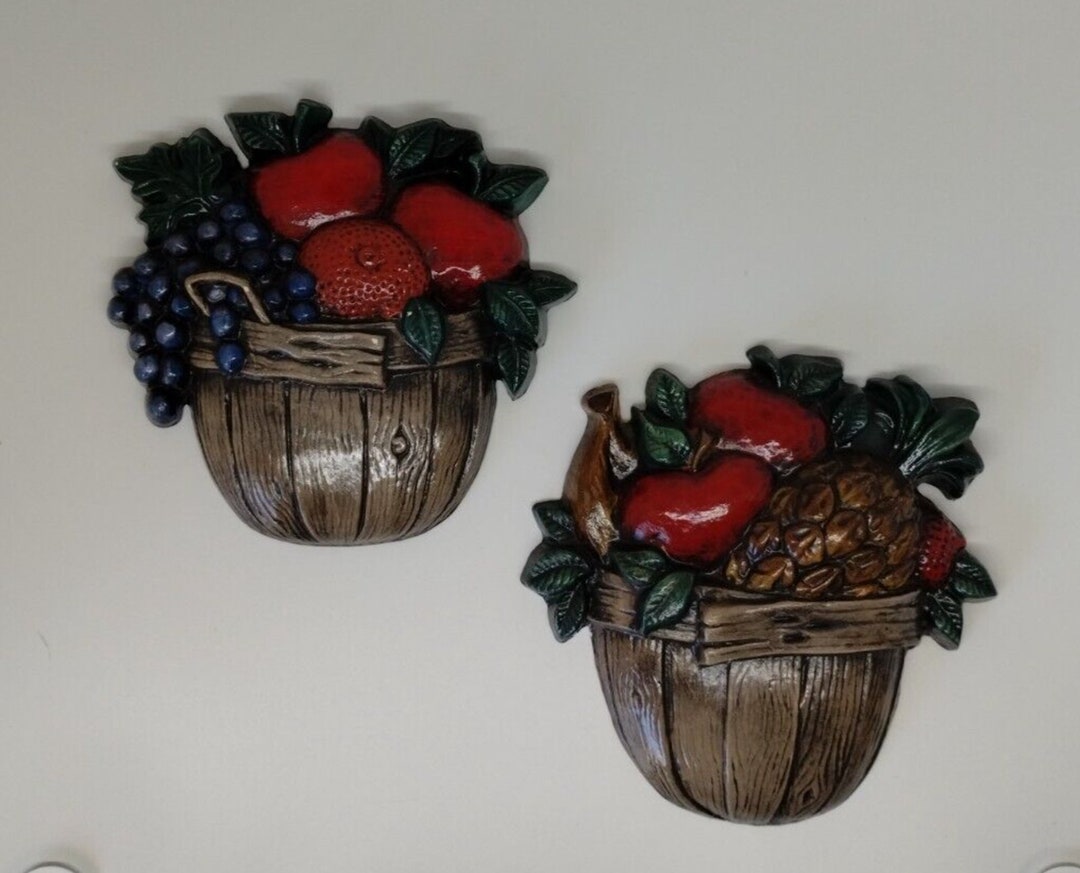2 Fruit Vegetable Basket Wall Hanging Plaques Kitchen Decor Etsy