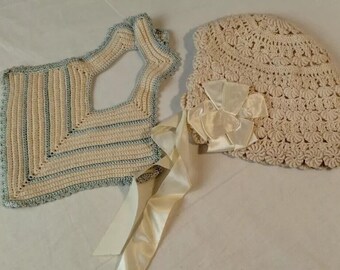 Vintage Embroidered Baby Bib - Crocheted Bonnet with Satin Bows - Child - Doll