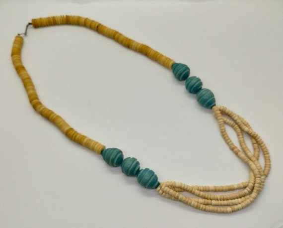 Vintage Tan and Turquoise Wood Look - Beaded Neck… - image 2