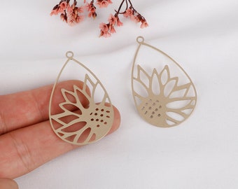 Raw Brass Sunflower Teardrop Charms: Laser Cut Earring Pendants