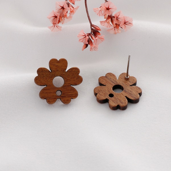 Natural Wood Flower Earring Posts: Hypoallergenic Studs (10pcs)