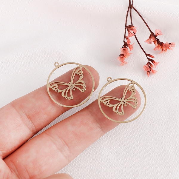 Raw Brass Round Butterfly Charm Earrings, Jewelry Making, Laser Cut Accessories, Brass Earring Discovery, Jewelry Connectors, Jewelry Supply