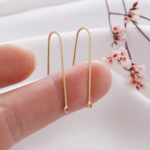 May include: Two gold-colored earring hooks with a loop at the end. The hooks are straight and have a simple design.