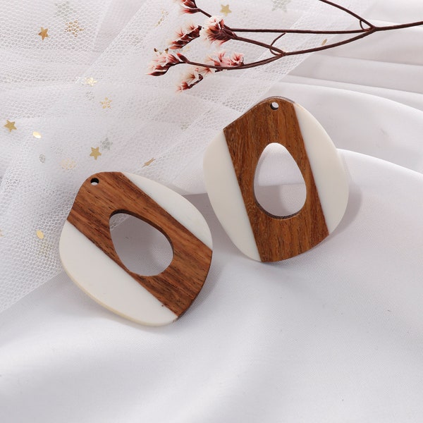 4 pcs White Wood Pendant, Large Oval Wood Charm, Wood and Resin Blocks,Wood Earring Necklace Charm Accessories