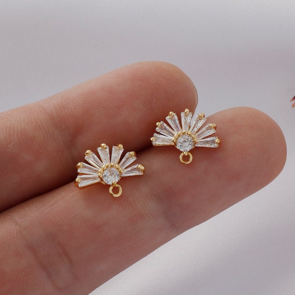 6pcs Genuine Gold Plated Scallop Earrings, Zirconia Posts, Cubic Zirconia Pave Scallops, Earring Connectors, Jewelry Making Materials