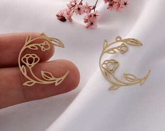 Raw Brass Moon Flower Charm: Laser Cut Earring Pendant
