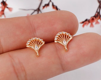 Gold Plated Shell Zirconia Stud Earrings: Jewelry Making Supplies (6pcs)