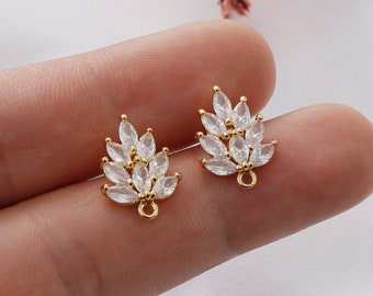 2/6pcs Clear Zircon Leaf Charm, Real Gold Post Earrings, CZ Pave Branch Charm, Earring Connectors, Jewelry Making Accessories