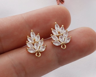 Gold Post Earrings: Zircon Leaf CZ Pave Branch Charm