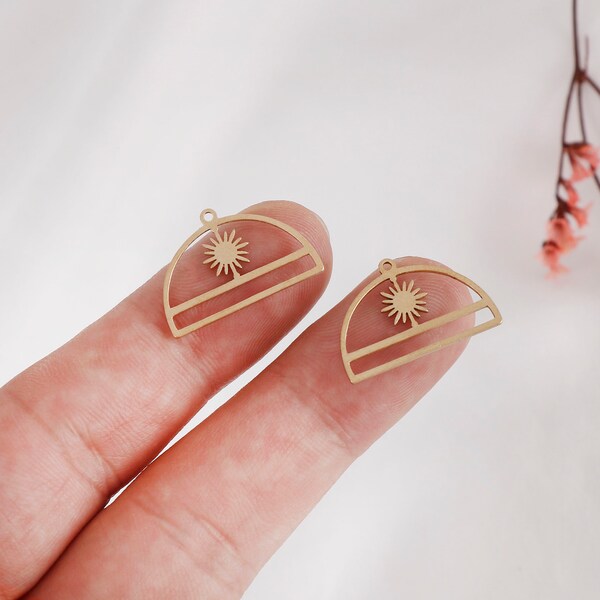 Raw Brass Sun Charm Pendants: Half Circle Earring Connectors