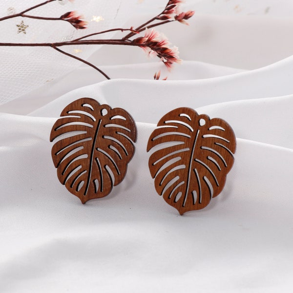 4 pcs Natural Wood Pendant, Monstera Wood Charm, Monstera Pendant,Large Leaf Charm,Wood Earring Necklace Accessories