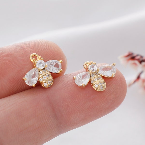 6pcs Real Gold Plated Bee Charm , Zircon Bee Pendant, CZ Pave Bee,Insect, Animal, Jewelry Making Materials, Nickel Free