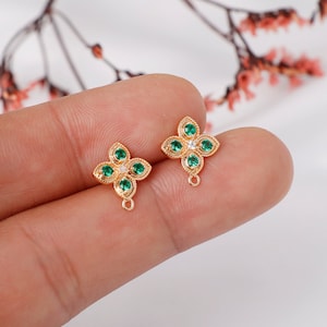 2/6pcs Real Gold Plated Zircon Earrings , Clover Ear Stud, CZ Pave Leaf Earrings, Ear Wire, Jewelry Making Materials, Earring Attachment