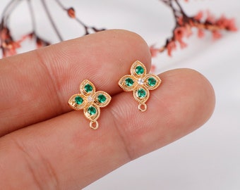 6pcs Real Gold Plated Zircon Earrings , Clover Ear Stud, CZ Pave Leaf Earrings, Ear Wire, Jewelry Making Materials, Earring Attachment