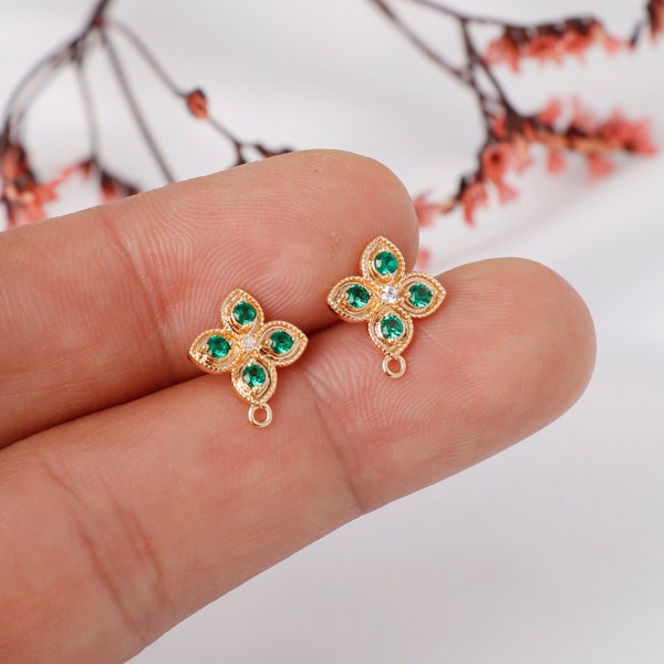 6pcs Real Gold Plated Zircon Earrings , Clover Ear Stud, CZ Pave Leaf Earrings, Ear Wire, Jewelry Making Materials, Earring Attachment