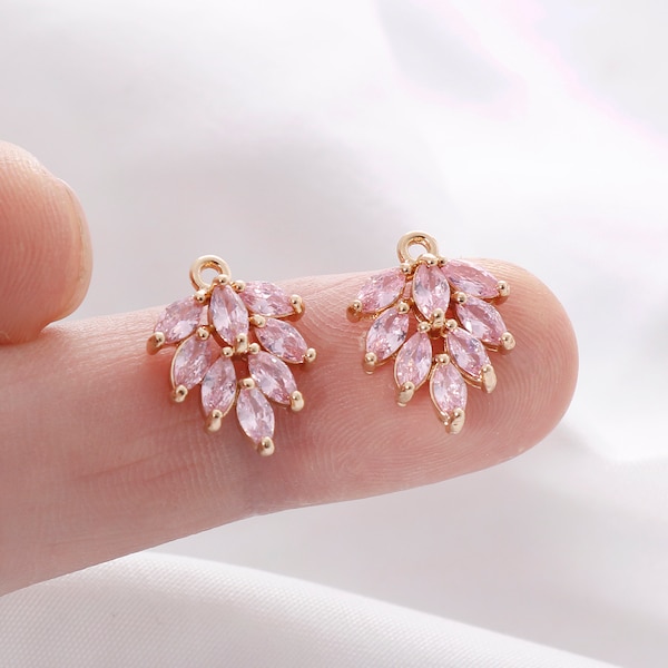 2/10pcs Pink Zircon Leaves Charm, CZ Pave Branches Charm, Jewelry Making Accessories