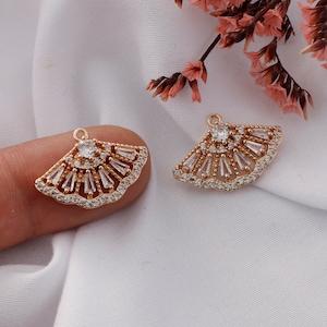 CZ Pave Brass Leaf Pendant: Zirconia Fan Charm