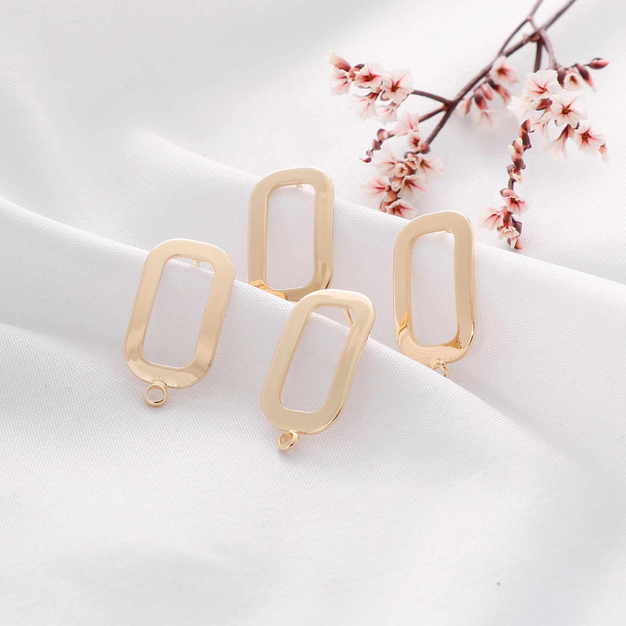 2/10pcs Real Gold Plated Rectangle Earrings, Hollow Ear Stud, Jewelry ...