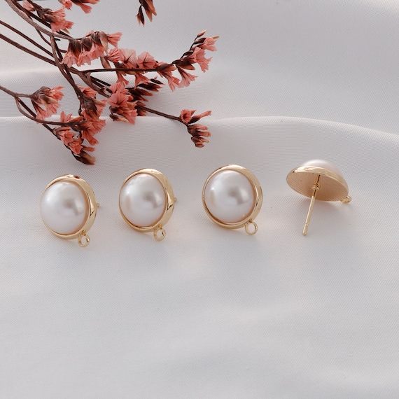 10 Pcs Round Pearl Earrings, Vintage Pearl Studs, Gold