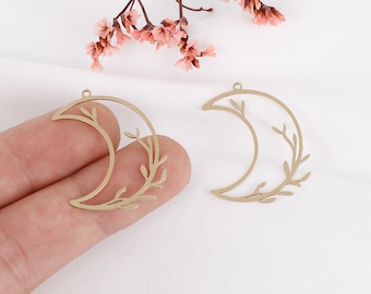 Raw Brass Leaf Moon Charm: Laser Cut Earring Pendant