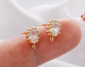 2pcs Real Gold Plated Zircon Earrings , Ear Wire, CZ Pave Oval Earrings, Jewelry Making Materials, Earring Attachment