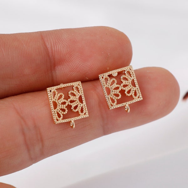 2pcs Real Gold Plated Square Earrings, Square Ear Posts, Earring Connectors, Jewelry Making Material, Lead Free Nickel Free Hypoallergenic