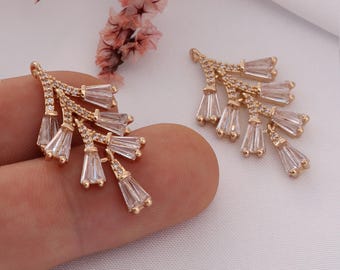 CZ Pave Leaf Pendants: Brass Zirconia Branch Earring Charms