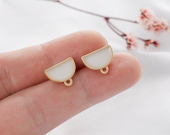 10pcs White Drip Oil Earring Studs: Matte Gold Alloy Semicircle Charms