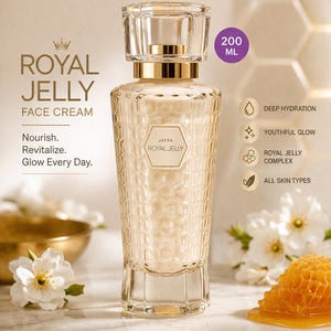 Puede incluir: Una botella de vidrio transparente de JAFRA Royal Jelly Face Cream, con tapa y detalles dorados. La botella tiene un patrón de panal y contiene 200 ml de crema. El texto en la botella dice "Nutrir. Revitalizar. Brillar cada día."