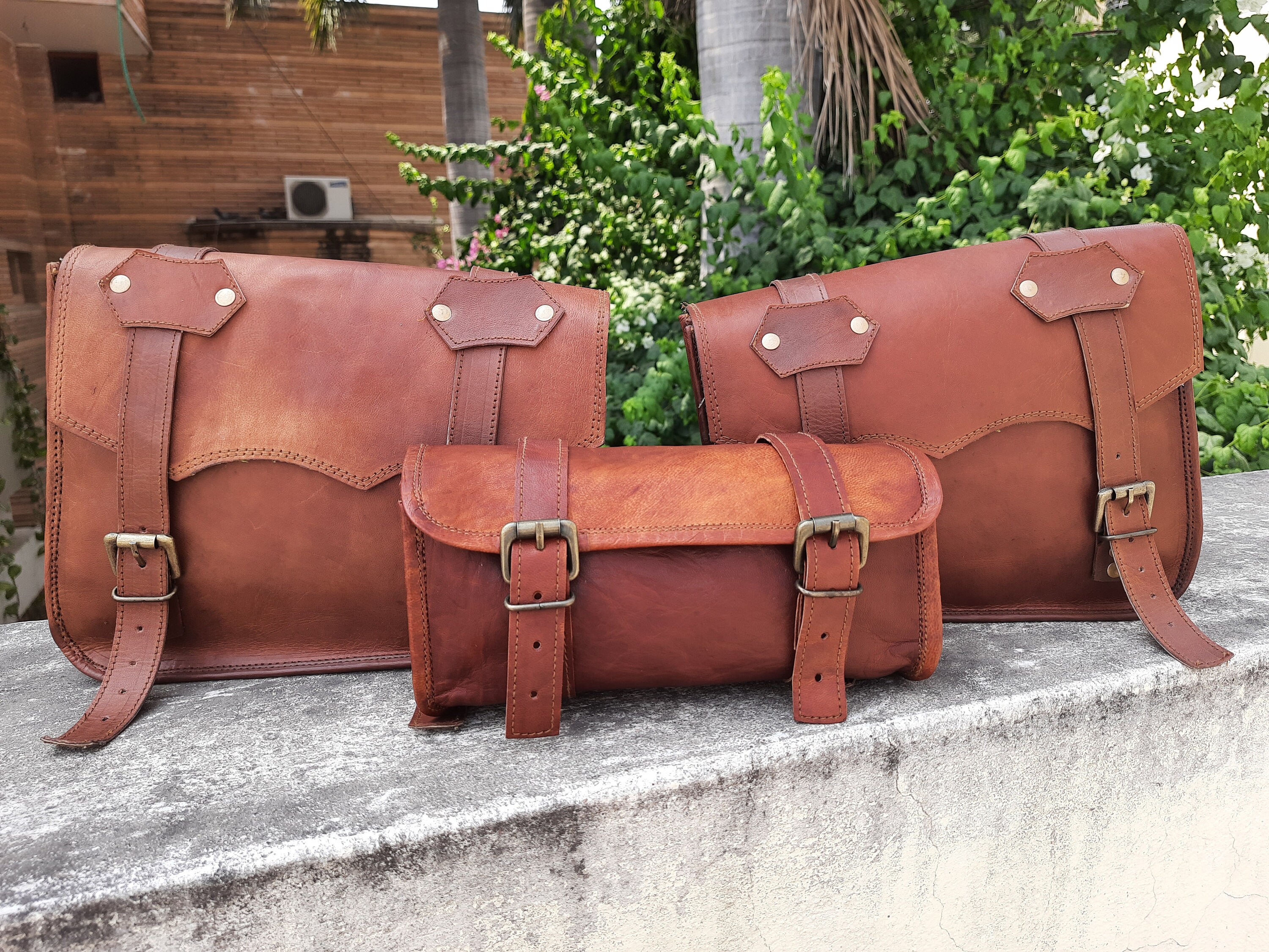 brown leather panniers