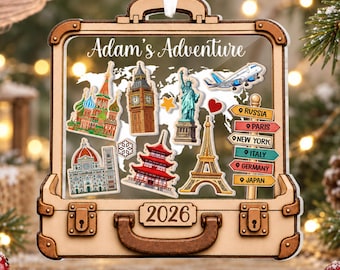 Custom Travel Adventure Shaker Ornament, Traveling Destination Christmas Ornament, Travel Gift, Suitcase Ornament, Couples Adventure Gift