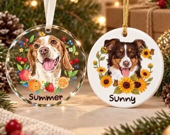 Personalized Pet Portrait From Photo Ornament, Custom Floral Pet Photo Ornament, Pet Lovers Gift, Memorial Pet Gift, Dog Cat Owners Gift