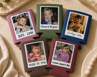 Personalized Vintage Photo Birthday Can Cooler, Custom Polaroid Photo Birthday Drink Holder, Beer Huggers, 30th 40th Birthday Party Favors