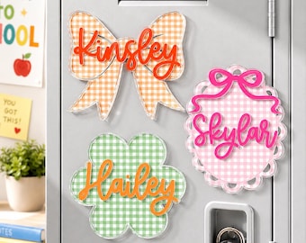 Personalized Pastel Gingham Kids Name Locker Magnet, Kids Name Whiteboard Magnet, Nursery Decorations Magnets For Kids, Back To School Gift
